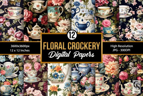 Floral Crockery Digital Paper Patterns