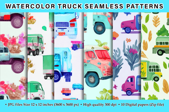 Watercolor Truck Seamless Patterns