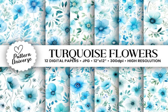 Watercolor Turquoise Flowers Patterns